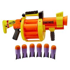 The Nerf Fortnite GL blaster is inspired by the one used in Fortnite, replicating the look of the one from the popular video game. The GL blaster fires big foam Nerf rockets for big battling action! It has a rotating drum that holds up to six rockets and fires one rocket at a time as you manually move the handle. When you push the handle all the way forward the drum rotates to place a rocket into a firing position. Pull the handle all the way back to launch the rocket at your target. To blast an Nerf Tumbler, Nerf Party Games Activities, Nerf Table, Nerf Darts, Nerf Party, Pump Action, Nerf Toys, Water Blaster, Birthday Idea