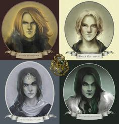 four portraits of the same person in different styles and colors, each with their own name