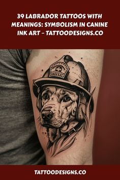 Tattoo on forearm featuring a detailed black and grey portrait of a dog wearing a firefighter hat, surrounded by stylized flames. Body Art