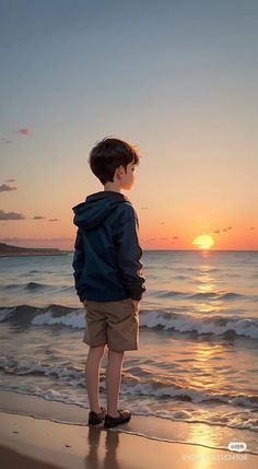 a young boy standing on top of a sandy beach next to the ocean at sunset