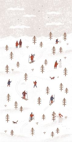 an illustration of people skiing in the snow with trees and sleds behind them