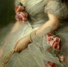 a painting of a woman in a white dress with flowers on her shoulder and pearls around her neck