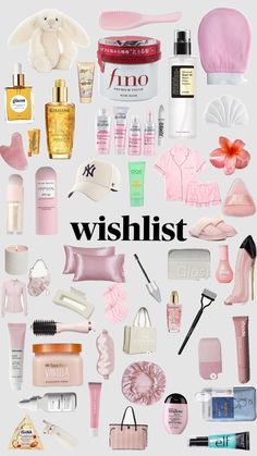 the words wishlist are surrounded by many different types of cosmetics and beauty products on display