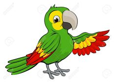 a green parrot with yellow and red feathers on it's wings, standing upright