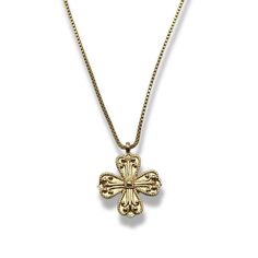 Go to our website at www.LikeOtherGirls.co.uk for better prices and our newest arrivals. Vintage-inspired ornate cross/clover pendant on a lightweight gold-played snake chain. Perfect for layering or pairing with our 'Avery' earrings. Measurements - 18 inch chain with 2.5 inch extension - 0.8 inch pendant Materials and Care - Safe for your skin - Tarnish-free, water resistant stainless steel base with 18k gold plating - Wipe with dry cloth Handmade with love Necklace length reference: - 14" in f Gothic Gold Cross Pendant Jewelry, Gothic Gold Pendant Necklace, Gold Gothic Engraved Necklace, Ornate Gold Cross Pendant Necklace, Gothic Gold Filigree Jewelry, Ornate Gold Cross Necklace, Victorian Gold Cross Necklace, Ornate Cross, Clover Pendant