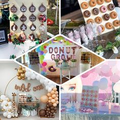 a collage of photos with donuts, balloons and desserts on display at a birthday party