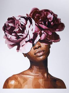 a painting of a woman with flowers on her head and shoulders, in front of a black background