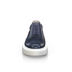 Leather Shoes With White Sole And Round Toe, Custom Sneakers With Stitched Sole And Round Toe, Navy Leather Lace-up Sneakers, Luxury Blue Sneakers With Textured Sole, Blue Leather Shoes With Textured Sole And Plain Toe, Leather Slip-on Sneakers With Perforated Toe Box, Navy Slip-on Sneakers With Leather Sole, Modern Custom Sneakers With Perforated Toe Box, Blue Sneakers With Stitched Sole And Round Toe