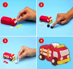 four pictures of different types of toy firetrucks, including one being drizzled with toothpaste