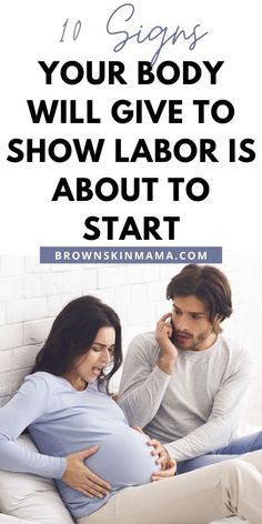 a pregnant woman laying in bed with her husband talking on the phone and texting, 10 signs your body will give to show labor is about to start