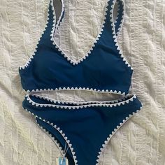 Blue And White Crochet Trim Bikini. New With Tags. Ordered And Tried On But Too Small For Me. Super Cute Though, Will Be Ordering In A Larger Size. Blue Lined Swimwear For Beach Season, Lined Blue Swimwear For Beach Season, Blue Lined Tankini For Sunbathing, Lined Blue Tankini For Sunbathing, Blue Lined Summer Swimwear, Summer Blue Lined Swimwear, Summer Blue Tankini With Triangle Top, Blue Lined Tankini For Poolside, Poolside Blue Lined Tankini