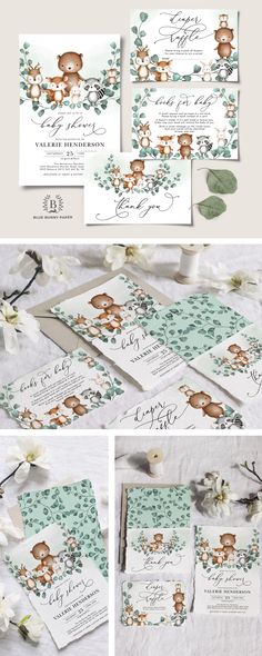 wedding stationery with flowers and bears on it