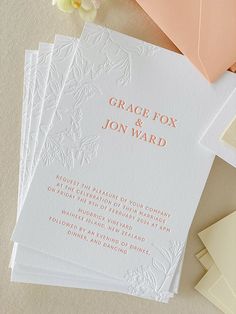 Letterpress wedding invitation with blind deboss floral details Debossed Wedding Invitations, Letter Pressed Wedding Invitations, Letterpress Wedding Invitation Suite, Monogram Wax Seal, Peach Wedding Invitations, Letterpress Save The Dates, Paper Twine, Letterpress Wedding Invitation, Wedding Vow Books