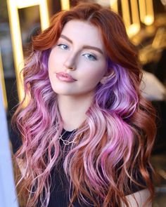 Auburn Hair With Pop Of Color, Ginger Hair With Pop Of Color, Red Hair With Fashion Colors, Red Hair With Fun Colors, Cooper And Purple Hair, Copper And Vivid Hair, Fun Hair Color Ideas For Redheads, Ginger With Purple Highlights, Purple And Red Hair Ideas