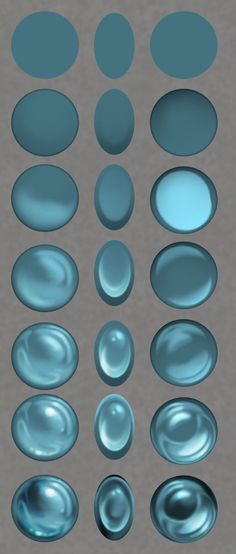 an array of different shapes and sizes of blue glass circles on a gray background with shadows