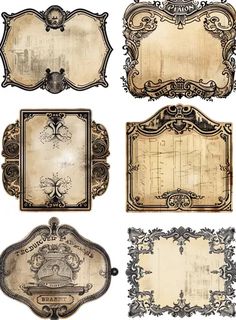 an old fashioned set of frames and labels with ornate designs on them, all in sepia