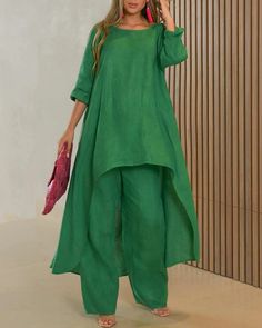 Women's Shirt Pants Sets Streetwear Green Blue Casual Weekend Solid Color Crew Neck S M L XL 2023 - £ 41 Jeans Overall, Linen Fashion, Mode Casual, فستان سهرة, Maxi Robes, Linen Style, Collars For Women, Yoga Shorts, Denim Jumpsuit