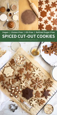 the recipe for spiced cut - out cookies is shown in three different pictures and includes ingredients