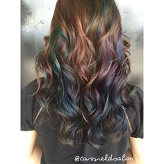 Hidden Oil Slick Hair, Brunette Oil Slick Hair, Oil Slick Hair Color Light Brown, Dark Brown Rainbow Hair, Brown Oil Slick Hair, Oil Slick Hair Color Brunettes, Hair Lights