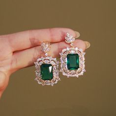 Green Emerald Cubic Zirconia Earrings Wedding Party Jewelry, Gold Collar, Rhinestone Decor, Party Earrings, Gold Copper, Trendy Earrings, Emerald Earrings, Valentines Jewelry, Square Earrings