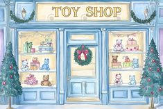 a watercolor painting of a toy shop with christmas trees and teddy bears in the window