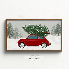 a red car with a christmas tree on the roof is parked in front of a white wall