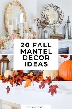 fall mantel decor ideas with pumpkins and leaves