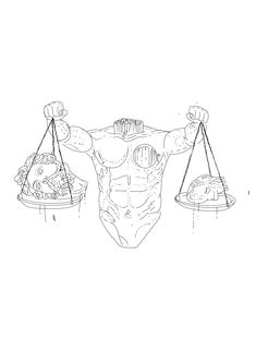 a drawing of a man being weighed by two weighing scales with food on each side