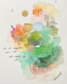 a watercolor painting with flowers and leaves on it