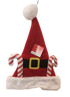 a santa hat with candy canes and a tag hanging from it's side