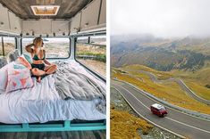 a woman sitting on top of a bed next to a red truck and an image of a road