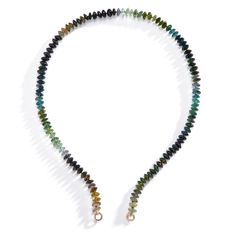 Mélange Green Tourmaline Strand with Open-Ends-A stunning strand of smooth tourmaline rondelles ranging in color from a pale sea green to a rich forest hue. The verdant stone is said to promote harmony, peace, and abundance. Complete with your favorite chain connector. Notebook Gifts, Sapphire Pendant