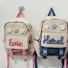 Size :15" x 11" x 5" Closure: Zipper Lining: Polyester Pockets: one zippered front and 2 side bottle pockets White School Bags With Letter Embroidery, Cute Student Backpack With Letter Print, Pink School Bag With Letter Patch, School Bag With Letter Patch For Back To School, Back To School Backpack With Letter Print For Students, School Bags With Letter Patch For Back To School, Pink School Bags With Letter Patch, Back To School Bags With Letter Patch, Cute School Bag With Letter Print