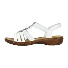 Rieker 60839-80 Women's White Sandals Rieker 60839-80 Women's White Sandals Looking for airy, comfortable, and stylish sandals that you won't want to take off? Look no further than these Rieker strappy sandals made of faux leather. The elastic insert makes them easy to slip on and off, while the slim straps create an visually appealing look. The mid-strap with shiny embellishments adds a touch of elegance. The shock-absorbing lightweight sole pampers your feet with every step. Additionally, the narrow E 1/2 fit provides extra support. Your search ends here!   Color: White  Heel Height: 3.5 cm  Heel Type: Flat  Toe Style: Open Toe  Shoe Width: Narrow (E)  Removable Insole: No  Sole Color: Brown  Closure: Slip-On  Season: Spring/Summer   Material & Care  Upper Material: Faux Leather  Lining White Slip-on Sandals With Arch Support, White Sandals With Arch Support For Spring, White Open Toe Sandals With Arch Support, White Comfortable Sandals With Removable Insole, Comfortable White Sandals With Removable Insole, White Flat Sandals With Arch Support, Casual White Sandals With Gel Cushioning, White Flat Sandals With Ortholite Insole, White Synthetic Sandals With Ortholite Insole