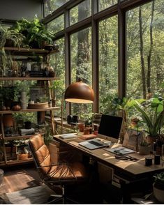 a home office with lots of plants in the window