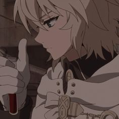 an anime character with blonde hair holding a glass and pointing to the side while looking at something