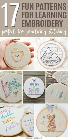 the cover of 17 fun patterns for learning embroidery, with pictures of hand embroidered items