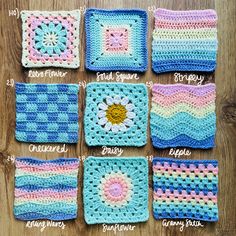 crocheted squares with different colors and sizes