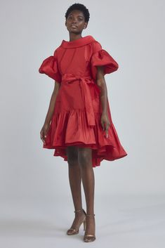 Taffeta rolled collar trapeze dress with puff sleeve and gather hem. Shown in Red. Also available in Marigold, Cobalt Blue and Frost Green. Taffeta Dresses With Gathered Sleeves, Amsale Dress, Peplum Gown, Puffy Dresses, Cobalt Blue Dress, Rolled Collar, Chiffon Midi Dress, Lace Peplum, Trapeze Dress