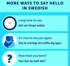 three different ways to say hello in swedish and english, with an image of a clock on