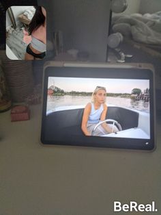 there is a woman sitting in a boat on the computer screen, and another photo of her