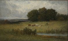 an oil painting of cows grazing in a field by a stream and trees on a cloudy day