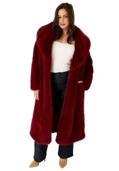 Wrap yourself in luxury with our Shaggy Fur Coat, a statement piece designed to elevate any ensemble. With its relaxed fit and lavish fur detailing at the collar and cuffs, this coat exudes opulence and timeless elegance, making it the perfect choice for those chilly evenings and special occasions. Fully lined. Midi-length. 50" lengthFaux fur Machine wash Imported  | Plus Size Women's Shaggy Faux Fur Coat by June+Vie in Maroon Banner (Size 14/16) Oversized Faux Fur Coat For Fall, Chic Oversized Faux Fur Coat, Oversized Faux Fur Long Coat, Shaggy Fur Coat, Shaggy Faux Fur Coat, Oversized Faux Fur Coat, Wedge Dress Shoes, Banner Size, Facebook Style