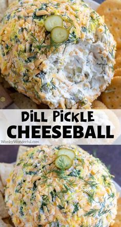 dill pickle cheeseball on a plate with crackers