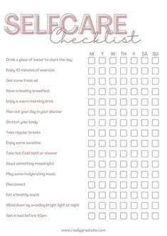 a self care checklist with the words self care checklist written in pink on it