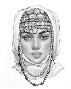 a pencil drawing of a woman with pearls on her head and veil over her head