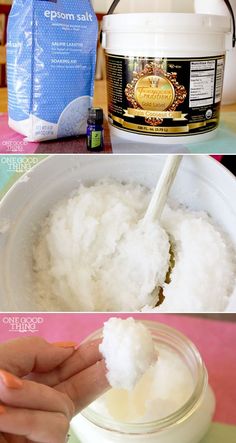 *Moisturizes really well and doesn't dry out skin. Don't be afraid of adding a lot of salt. Just coconut oil, epsom salt, and lavender oil. Doesn't get much easier than that. Coconut Oil Salt Scrub, Feet Scrub, Diy Lush, Salt Scrubs, Spa Basket, Scrub Diy, Homemade Scrub, Magnesium Oil, Lip Scrubs