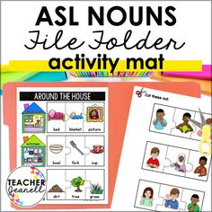 the asl nouns file folder activity mat with pictures and words on it