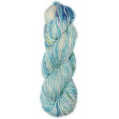 a skein of blue and white yarn on a white background, with the skein in