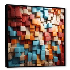 an abstract painting with colorful cubes on the wall, in orange and blue colors